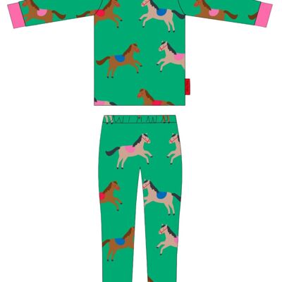 Organic cotton children's pajamas, green with horse print