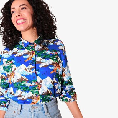 Maglia blu a maniche lunghe stampata "Winter bobcat" in ecovero viscosa per adulto