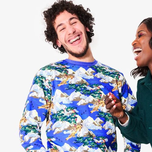 Sweatshirt bleu imprimé "Winter bobcat" en coton bio pour adultes