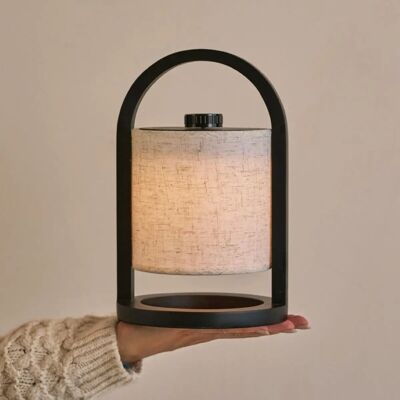 River zwart – Houten oplaadbare lamp met katoenen kap