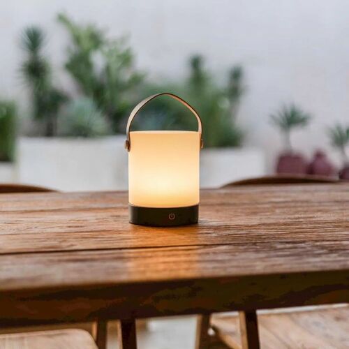 Avery donkerbruin - Oplaadbare houten tafellamp met leren band