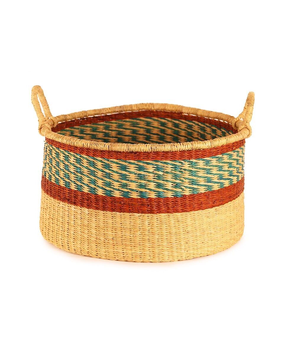 BUBUNE: Small Brown & Turquoise Floor Storage Basket with Handles