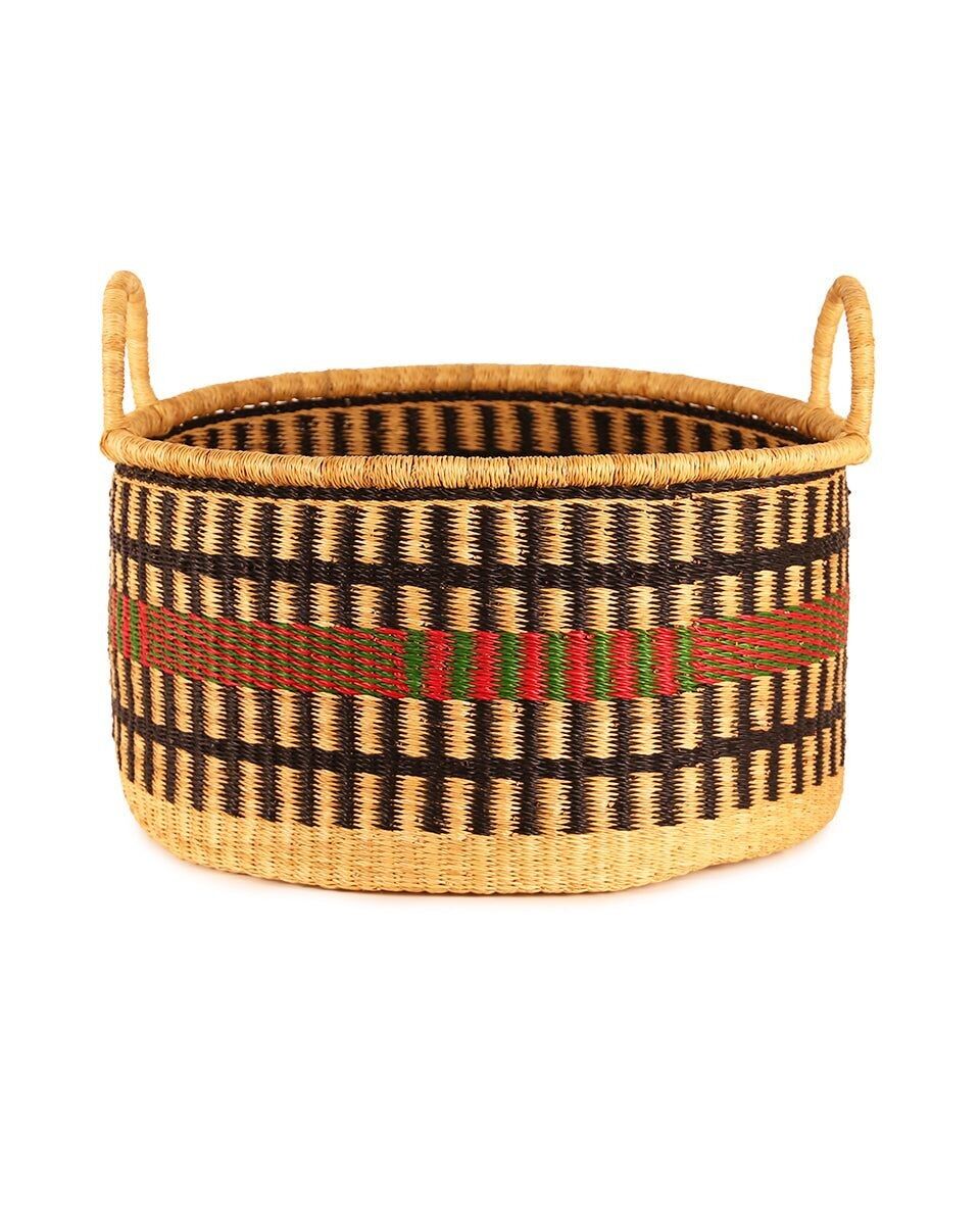 MAWUSI : Grand panier de rangement au sol noir, rouge et vert avec poignées