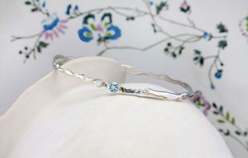 Delicate Opal and Blue Topaz Sterling Silver Bangle