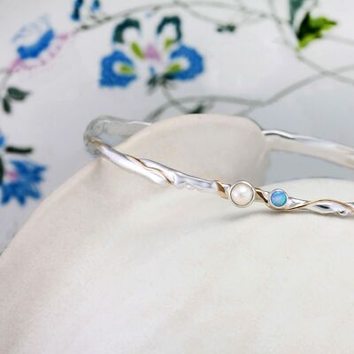 Delicate Opal and Freshwater Pearl bangle with Gold details, Sterling Silver & Hand Made