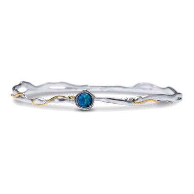 Delicato bracciale rigido in argento sterling con oro 14 carati e opale blu
