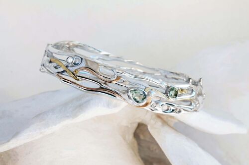 Fluid green amethyst and pearl sterling silver bangle