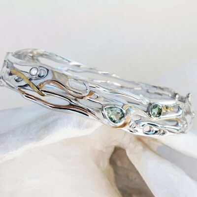 Fluid green amethyst and pearl sterling silver bangle