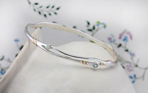 Blue Topaz & Opal Bangle with Gold details, Sterling Silver and Hand Made