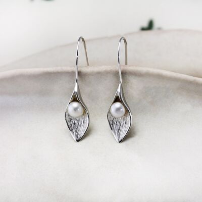 Handmade Silver Calla Lily Drop Earrings with White Pearls