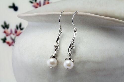 Ornate Pearl Drop Earrings, Hand Made in Sterling Silver.