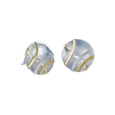 Sterling Silver Concave Stud Earrings with Brass Detailing