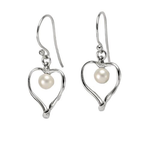 Freshwater Pearl Heart Earrings, Hand Made from sterling Silver.