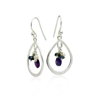 Boucles d'oreilles créoles en forme de larme en argent spectaculaires avec détails en améthyste, iolite et perle