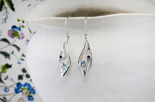 Drop Earrings with Blue Topaz and Iolite decorated with Gold details | Hand Made from sterling silver.