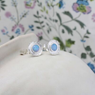 Sterling Silver Stud Earrings with Pale Blue Opal