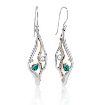 Boucles d'oreilles pendantes en argent fondu avec turquoise et perle 1