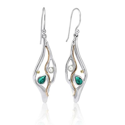 Molten Silver Drop Earrings with Turquoise and Pearl