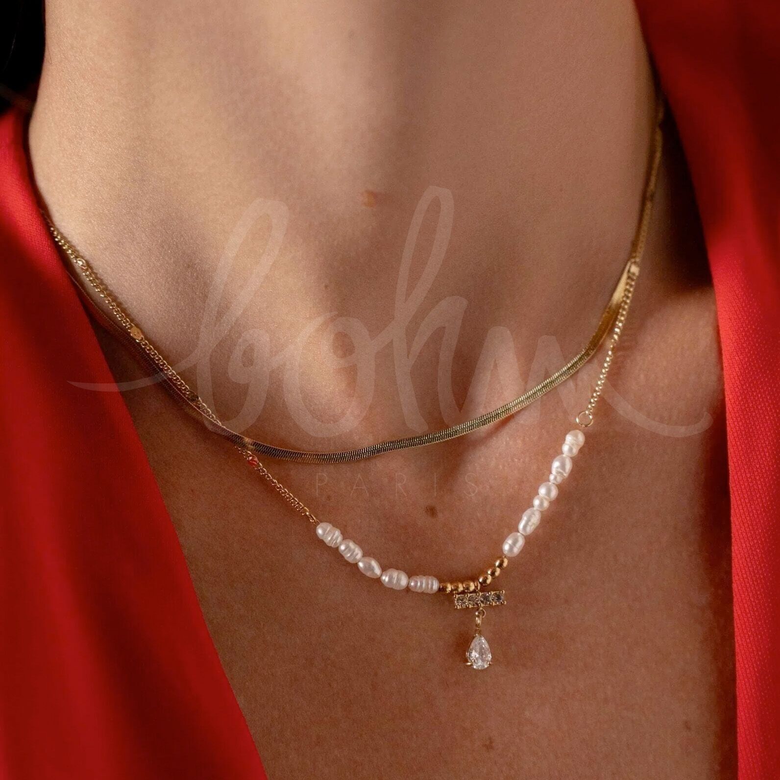 Ysa-Halskette – Spiegelgeflecht, Stab mit Zirkoniumoxiden und Tropfenkristall