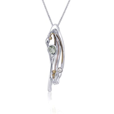 Flowing Silver Pendant with Green Amethyst & Pearl with delicate gold details.