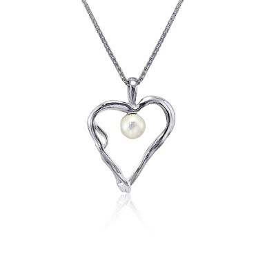 Colgante peculiar de corazón de plata con perla blanca, hecho a mano