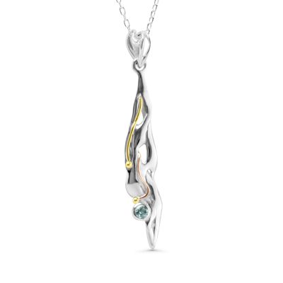 Flowing Silver Pendant with Blue Topaz and Gold Detailing