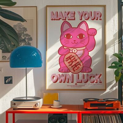 Affiche Riso A3 Maneki Neko rose fluo rouge