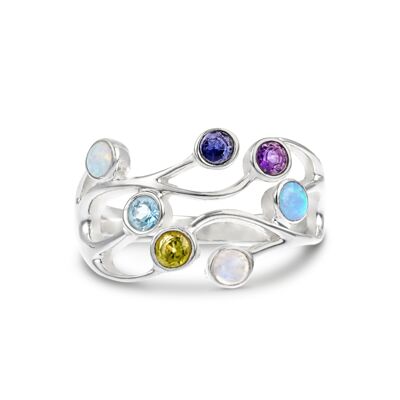 Precioso anillo de plata con amatista, piedra lunar, ópalo azul, iolita, peridoto, topacio azul y ópalo blanco.