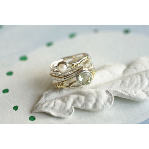 Green Amethyst & freshwater Pearl Ring, Hand Made from Sterling silver with Gold details