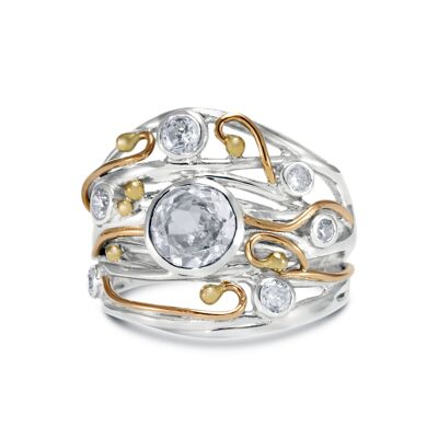 Beautifully crafted Sterling Silver ring with Gold details and Crystal.