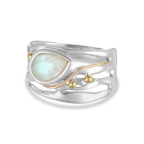 Rainbow Teardrop Moonstone Ring enhanced with 14ct gold detailing.