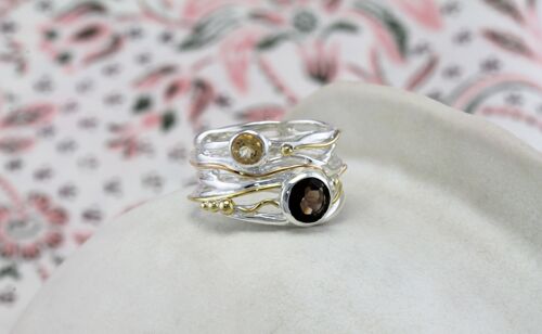 Smoky Quartz & Citrine Silver Statement Ring with delicate gold details