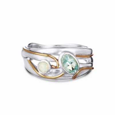 Splendido anello in argento con topazio blu e opale pallido