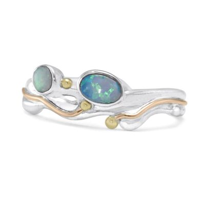 Delightful Sterling Silver Ring with Two Opal & Gold details.