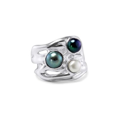 Exquisito anillo de plata esterlina con un trío de gemas de perlas gloriosas