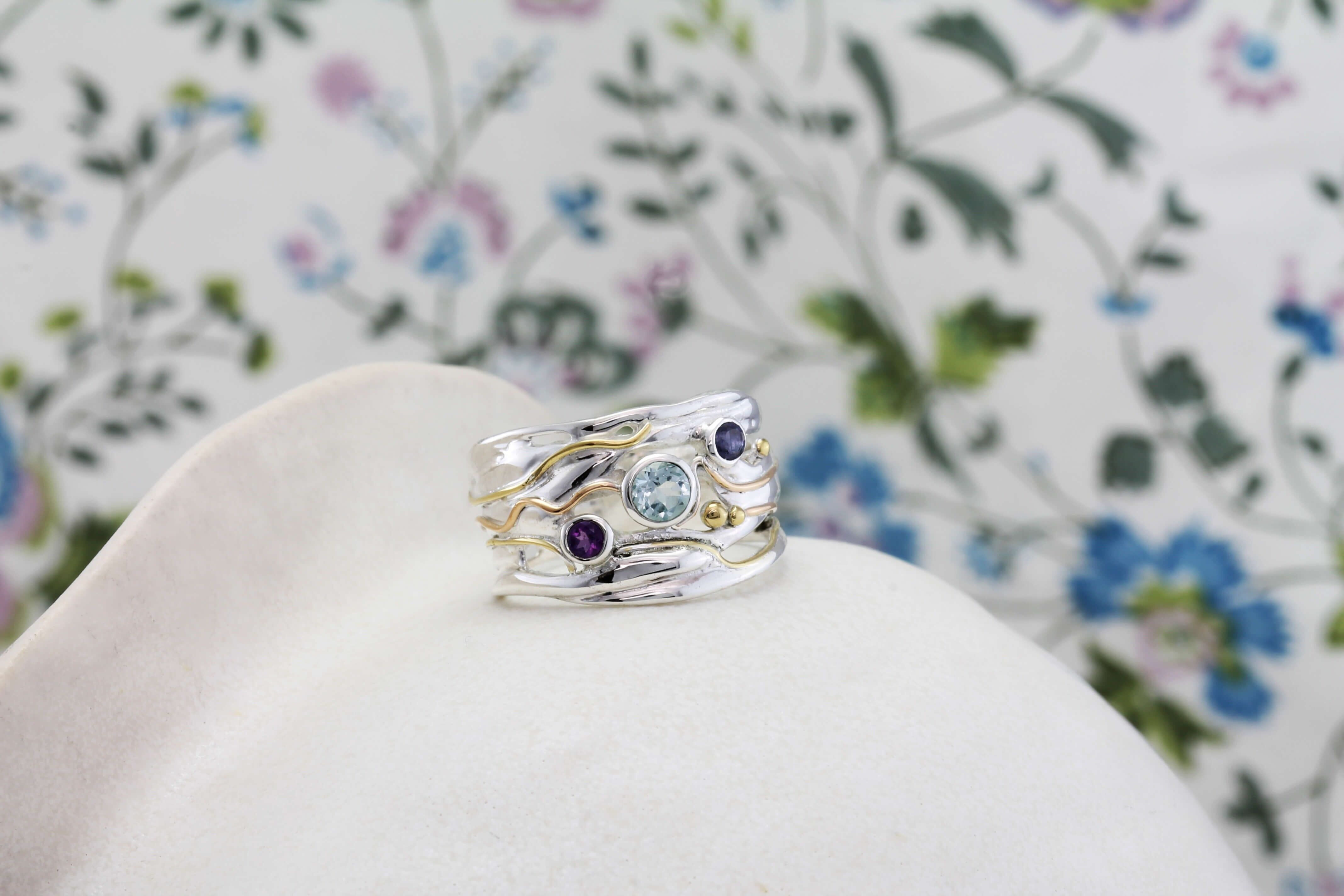 Precious Silver Ring featuring Amethyst, buy Moonstone, Blue Opal, Iolite, Peridot, Blue Topaz and White Opalite