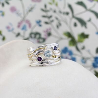 Hand Made Sterling Silver ring with gold details, Blue Topaz, Amethyst & iolite.