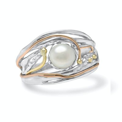 Wunderschön gearbeiteter Ring aus Sterlingsilber und Perlen, verziert mit goldenen Details.