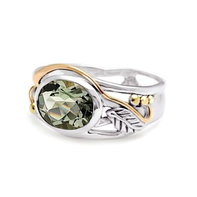 Handgefertigter Blatt-Design-Ring aus Sterlingsilber und grünem Amethyst