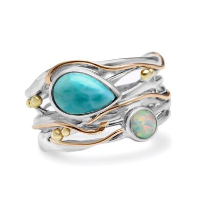Teardrop Larimar & White Opal statement ring, Sterling silver with Gold details, Hand made and Unique