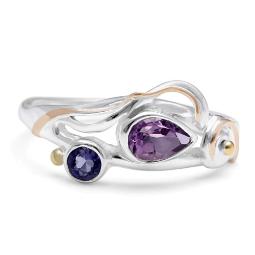 Sterling silver ring with faceted teardrop Amethyst and Iolite with Gold details, Hand Made & Unique.