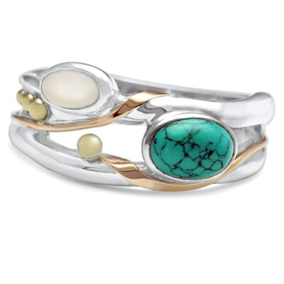 Unique Turquoise and freshwater Pearl Ring with Gold details, Handmade
