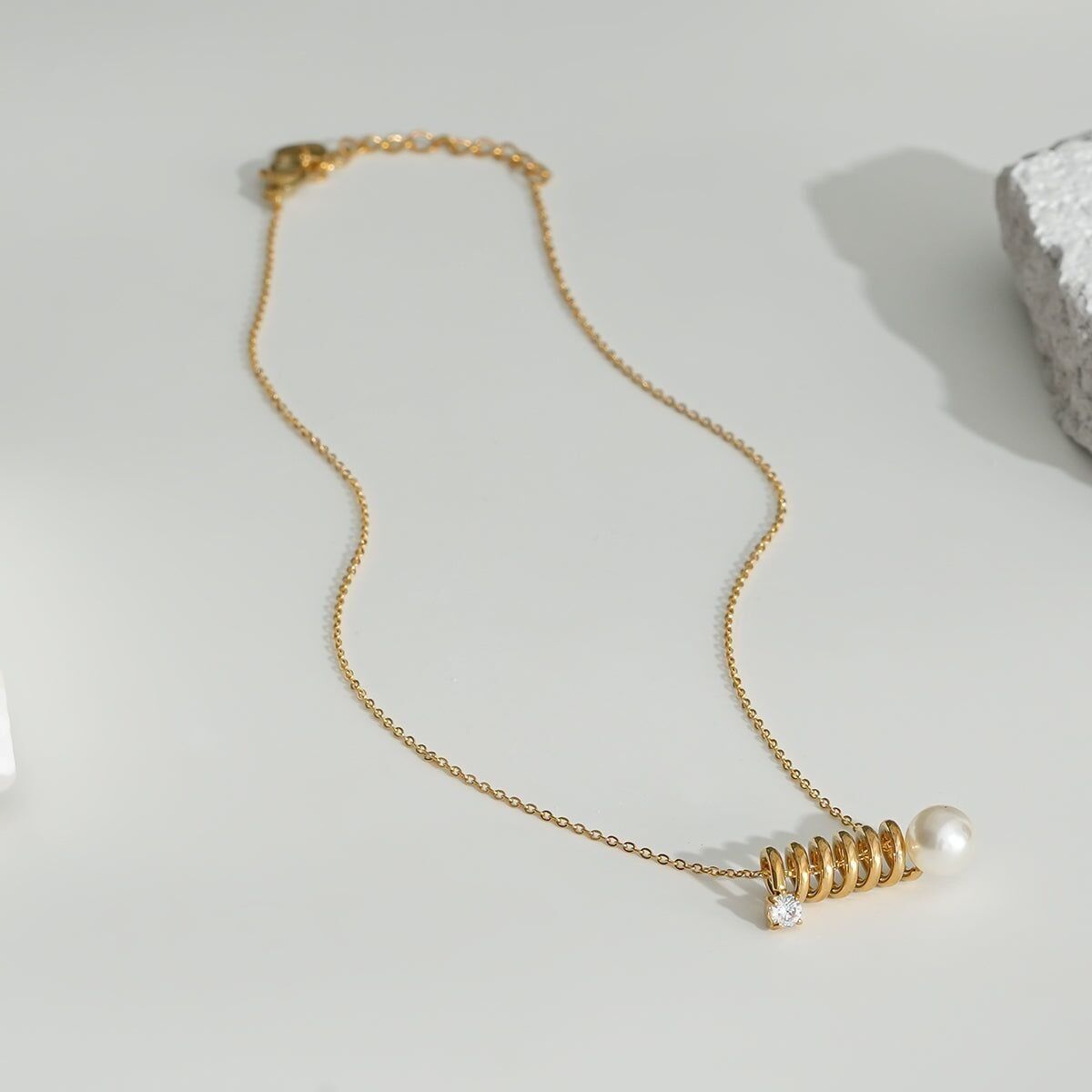Gold Spiral Coil Necklace With Pearl And Rhinestones