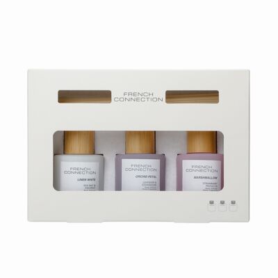 Juego de regalo de tres difusores de varillas de la gama Pastel de French Connection, 3 unidades de 50 g