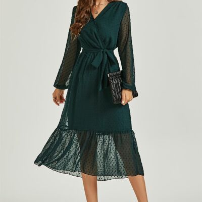Robe mi-longue cache-cœur à manches longues et ourlet en tulle vert foncé