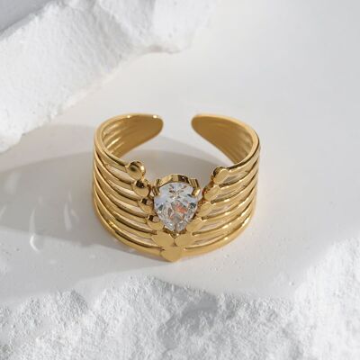 Anillo Denso Multilínea Abierto Dorado Con Strass