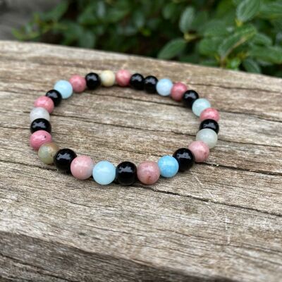 Bracelet élastique de Lithothérapie "Triple Protection" Onyx noire, Rhodochrosite et Amazonite
