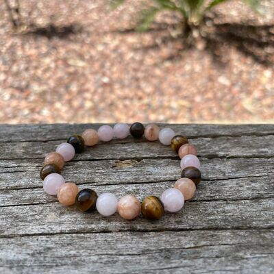 Bracelet élastique de Lithothérapie "Triple Protection" Oeil de tigre, Quartz Rose et Pierre du Soleil