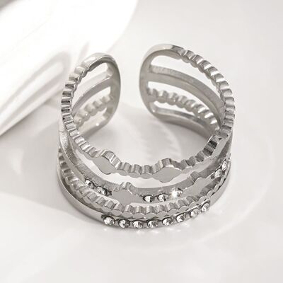 Adjustable Multi-Line Silver Ring With Rhinestones