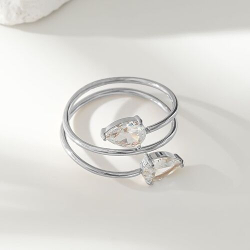 Bague Argentée Spirale Avec Double Strass Gouttes